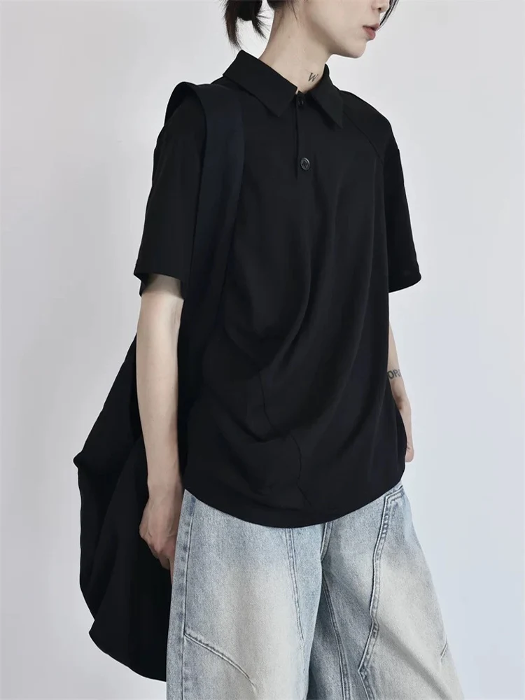 Dark 2025 Summer Design Short Sleeve Women's Casual Versatile Loose  Shirt Slimming Age-Defying Black White Top