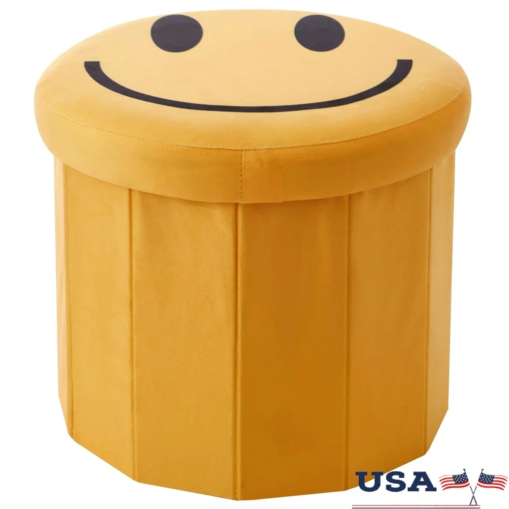 

Kids Smiley Face Collapsible Storage Ottoman Toy Organizer Fun Design Reading Nook Seat Durable Soft Microfiber Fits Playroom