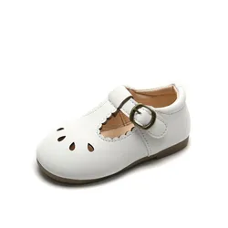 Summer NewVL Boys' and Girls' Leather Shoes Retro British Style Hollow Out Children's Soft Bottom Pea Shoes Casual Shoes