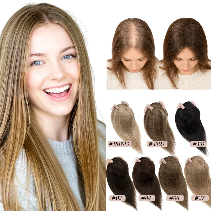 100% Human Hair Machine Made Silk Lace Base Clip In Women Topper Middle Part 7x10 30cm #1001 #613 80% Density In Stock 48H