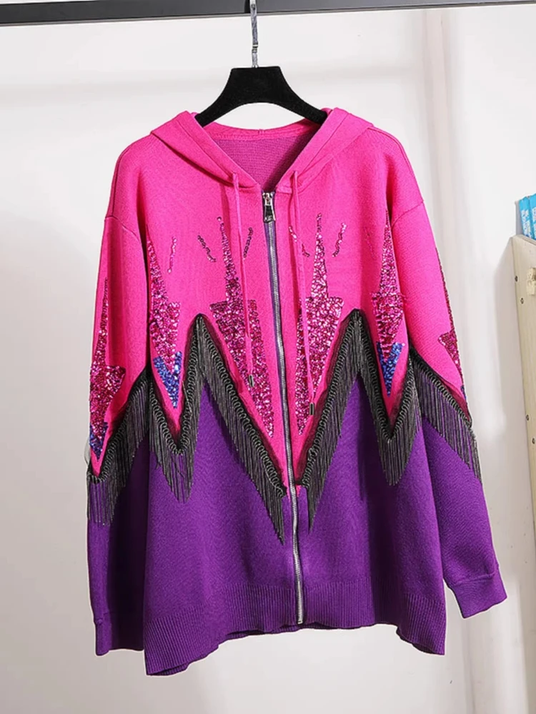 2026 New Knitted Suit Women's Spring Autumn Tassel Sequin Stitching Cardigan Jacket Casual Harlan Pants Two-Piece Set Trendy