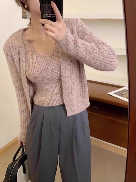 

Pink Knitted Cardigan Jaet with Strap Two-Piece Set Women's Sli Early Autumn Top Sweet Sle Regular Sve Long Sve...