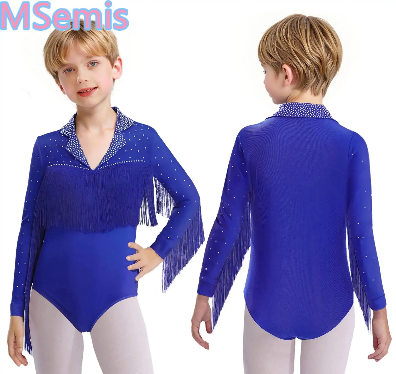

Kids Boys Modern Latin Dance Leotard Ballroom Dancewear Long Sleeve Shiny Rhinestones Tassel Leotard for Performance Competition