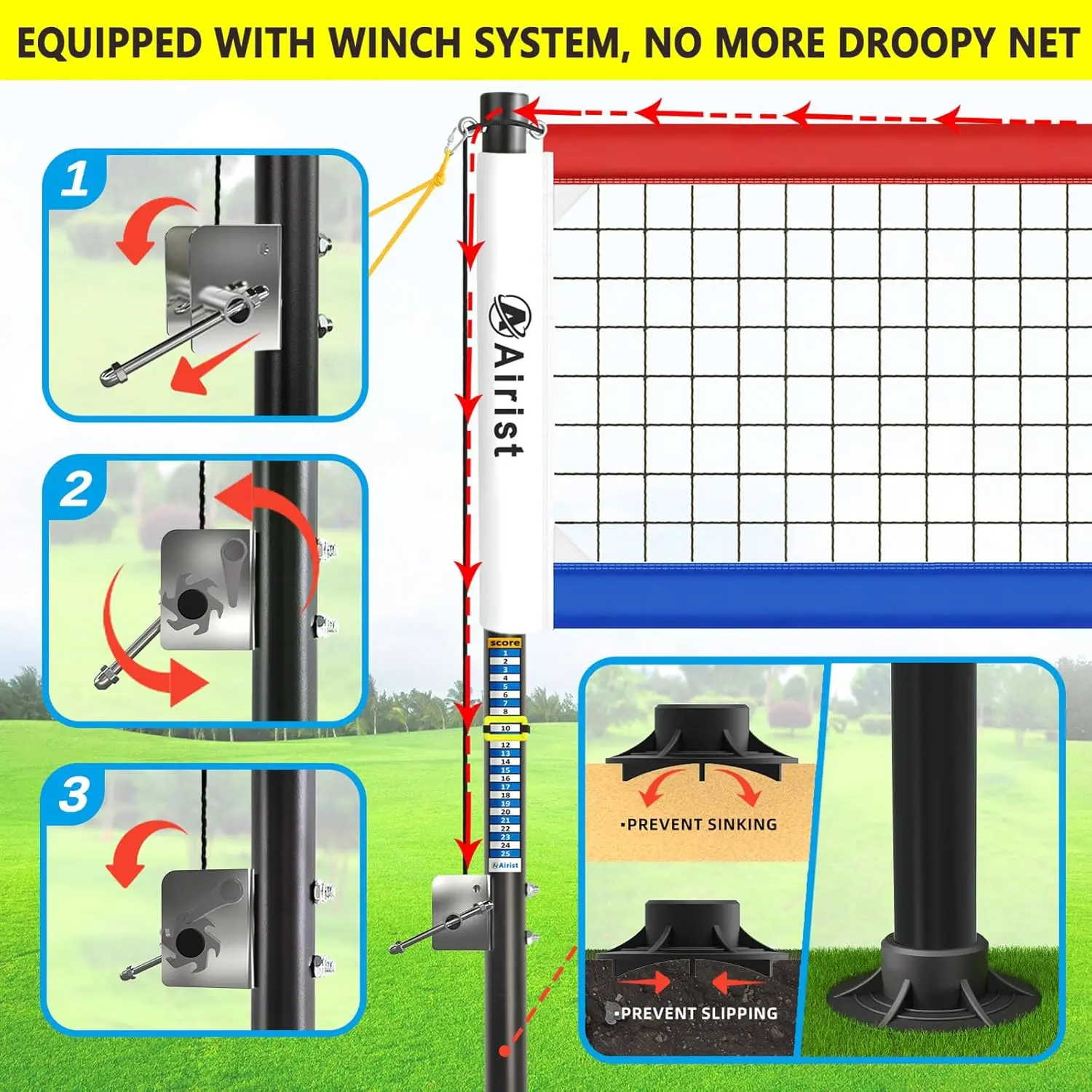 Volleyball Net Outdoor with Steel Anti-Sag System, Adjustable Aluminum Poles, Professional Volleyball Nets Set for Ba