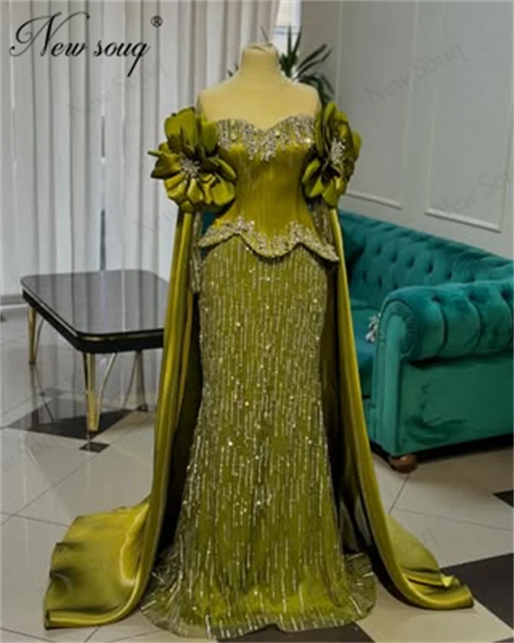 Elegant Green Beading Evening Dresses Customized Dubai Cape Sleeves Female Performance Prom Dress Engagement Party Gowns Robes