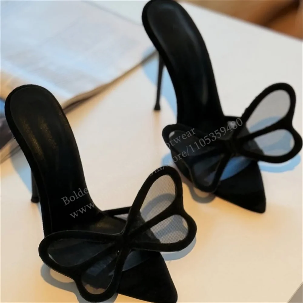 Black Bow Decor High Heel Slippers Women Summer New Open Toe Slip On Slingback Elegant Party Mules Lady Trendy Outside Shoes