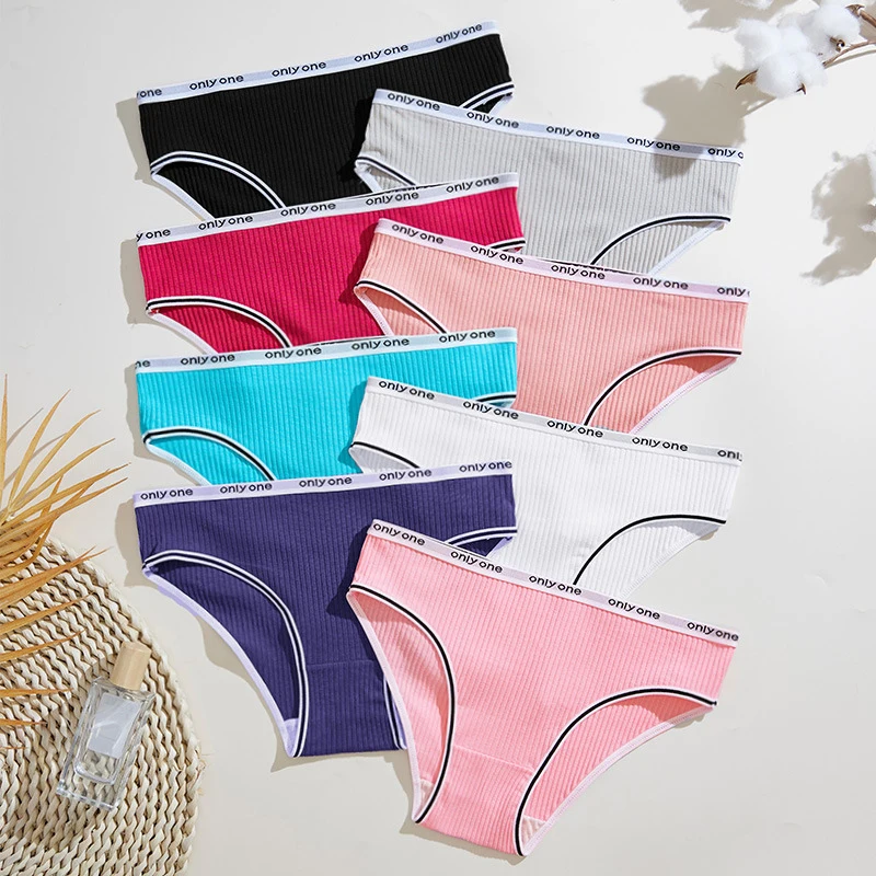 5 Stück Damen-Baumwollunterwäsche mit Buchstaben-Print am Bund, einfarbige Slips, bequeme und atmungsaktive nahtlose Damen-Panties