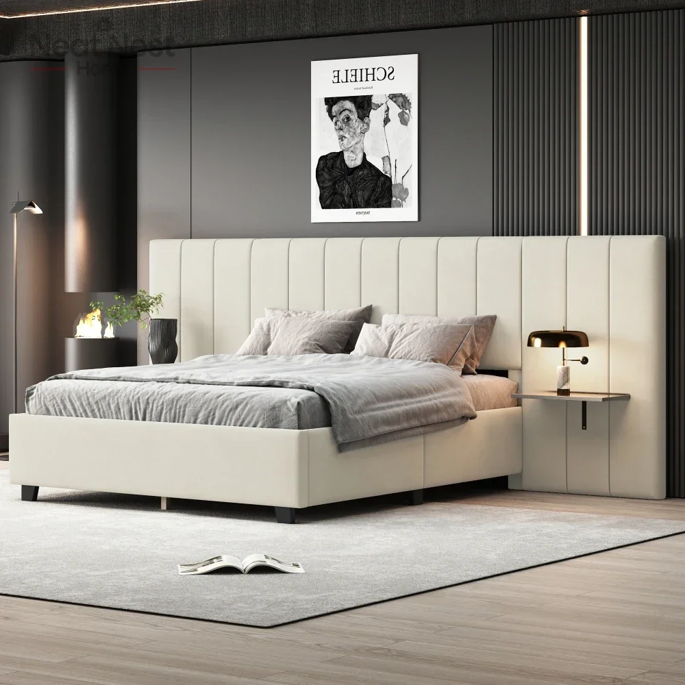 

Bed Frame with Tall Headboard, Tall Upholstered Bed Frame Queen with Integrated Bedside Shelves, Modern Bed Frame,bed furniture