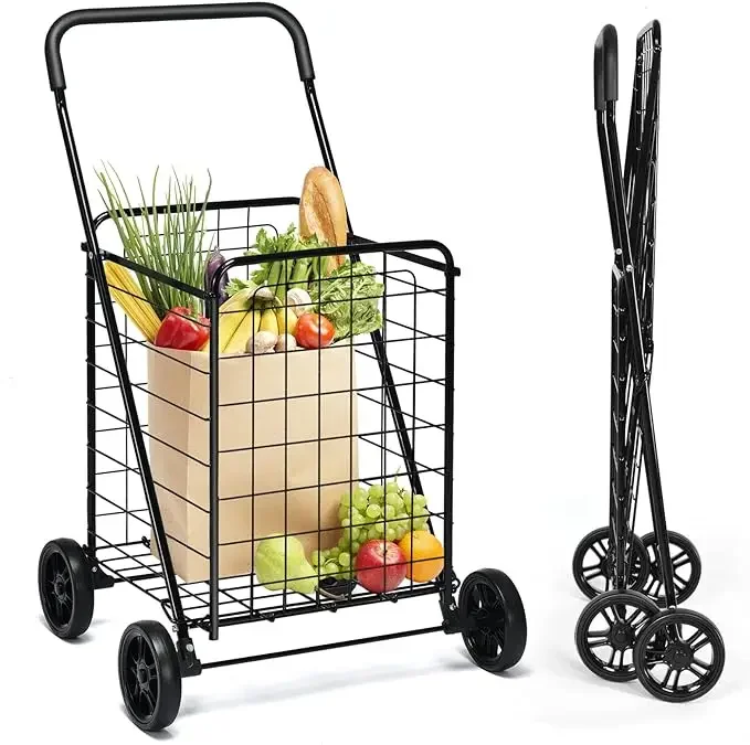 Folding Shopping Cart With Waterproof Bag Grocery Cart Trolley 23 Gal Double Basket & 360° Swivel Wheels