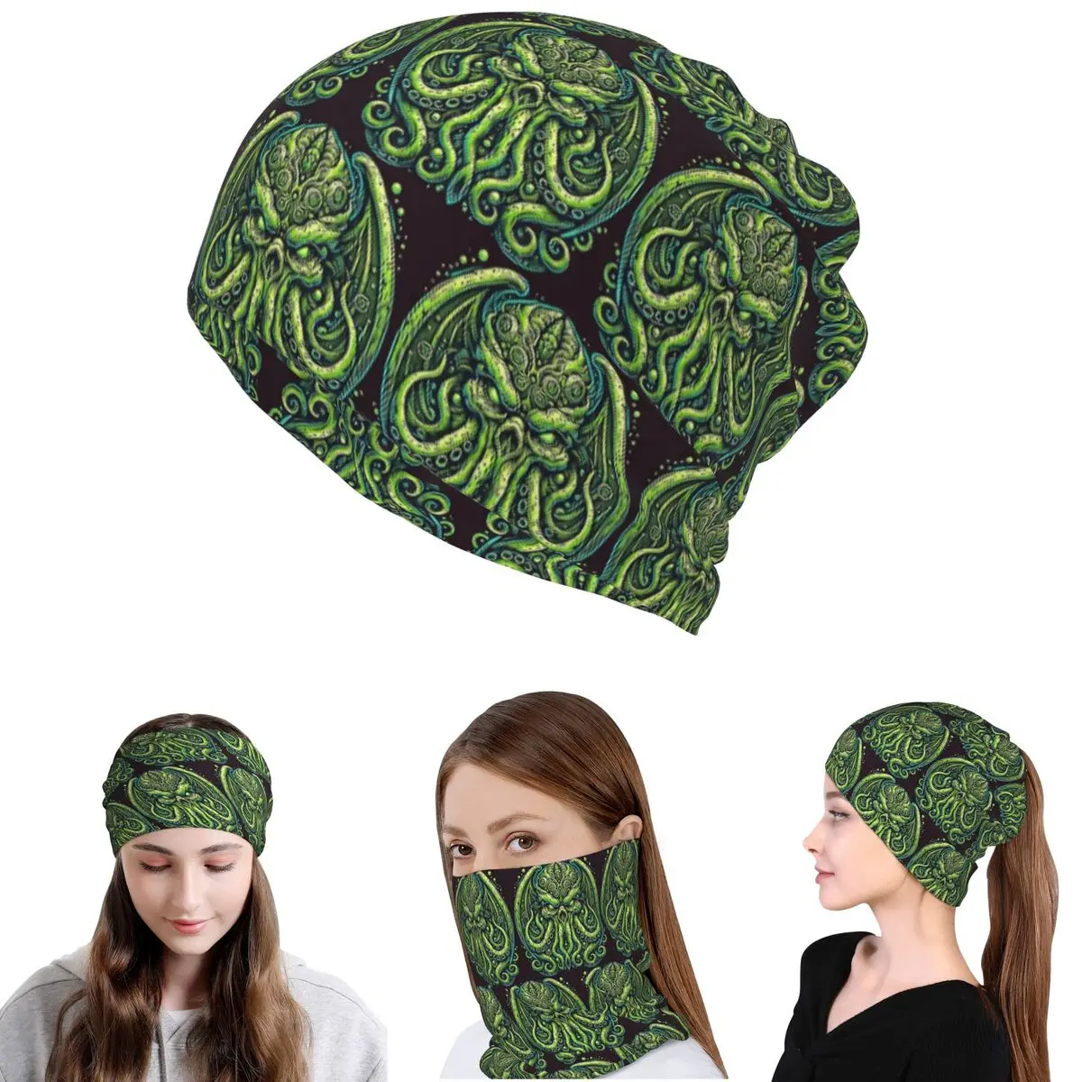 Green Cthulhu Octopus With Tentacles And Teeth Bandana Neck Gaiter Wrap Scarf Multifunction Headwear Beanies Hat Unisex Adult