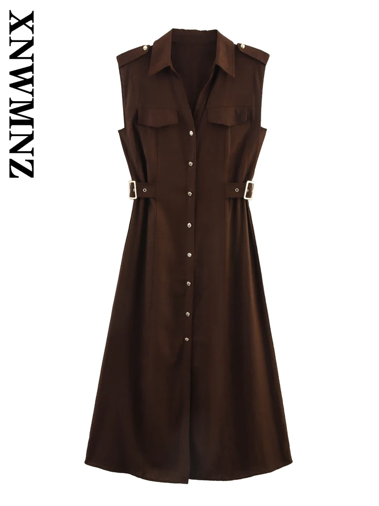 

XNWMNZ 2025 Summer New Lady Casual Commuting Sleeveless Turn-down Collar Linen midi Dress Vintage Elegant Female Beige Dresses