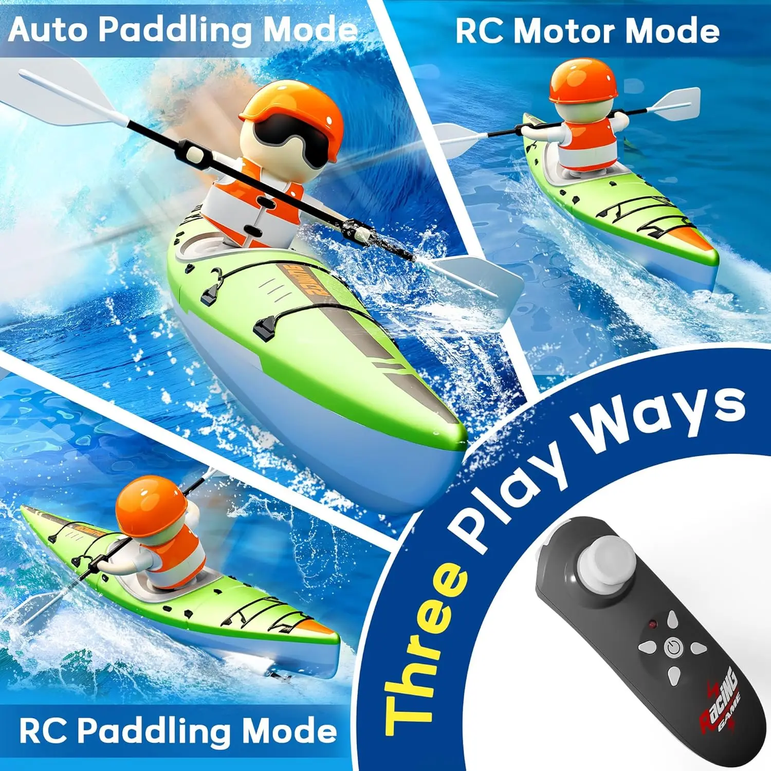 Colorido Paddle Controle Remoto, RC Boat, Remo 2.4G, Luzes LED, 360 Condução, Modos Duplos, Navio Impermeável, Banheira, Interior, Jogo ao ar livre