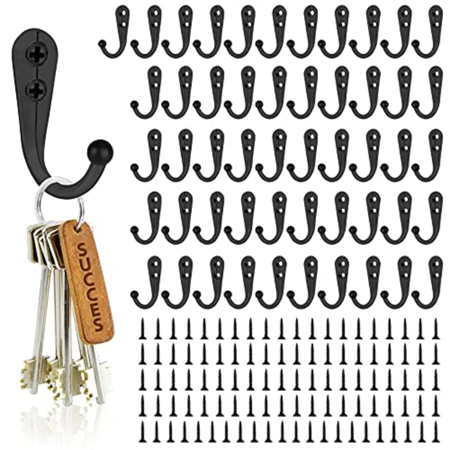 

Coat Hooks-52 Pack Farmhouse Hooks with 104Pcs Screws Black Decorative Rustic Coat Hooks Rack Wall Mounted Single Prong Robe Ho