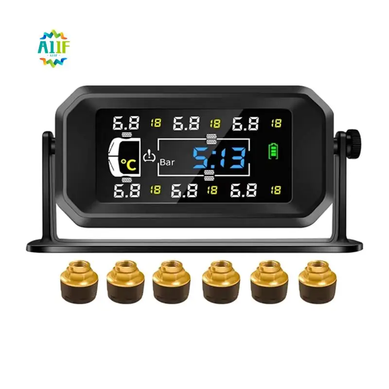 

A11F-автомобиль RV Грузовик TPMS 6-колесный датчик Солнечная система контроля давления в шинах Часы температуры Дисплей давления воздуха Сигнализация