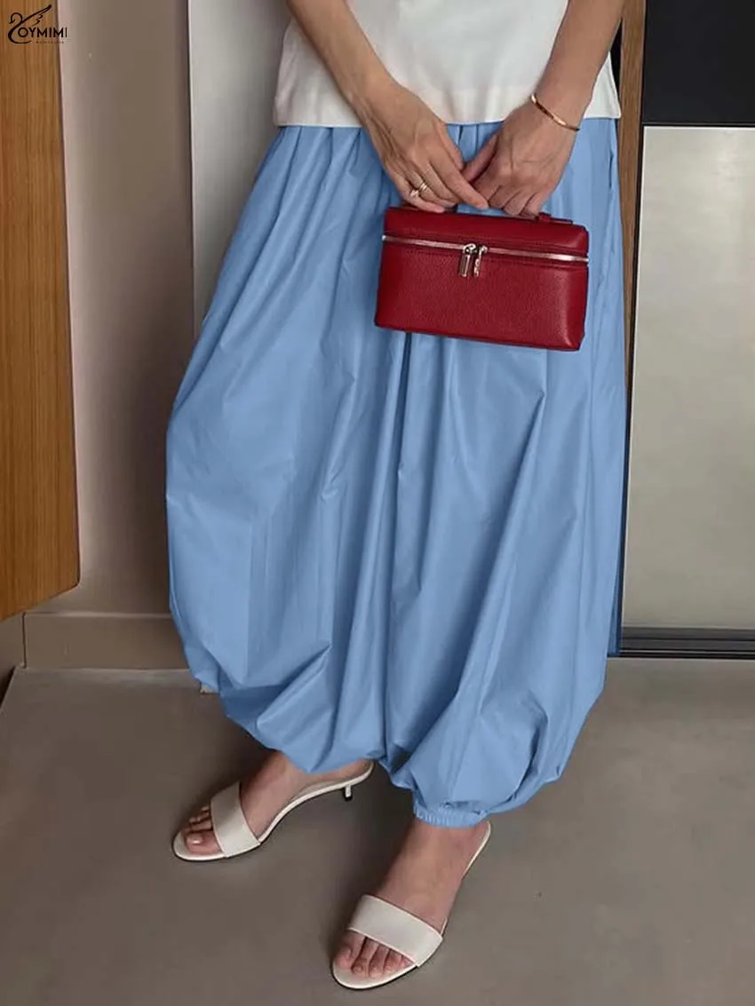 Oymimi Casual Blue Loose Women Pants Fashion Mid Waisted Drawstring Trousers Elegant Solid Ankle-Length Pants Female Streetwear