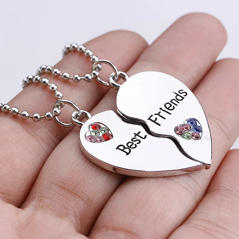 Trendy Best Friends Pendant Necklace for Women Full Rhinestone Love Heart Bff Friendship Pendants Necklaces Jewelry Accessories