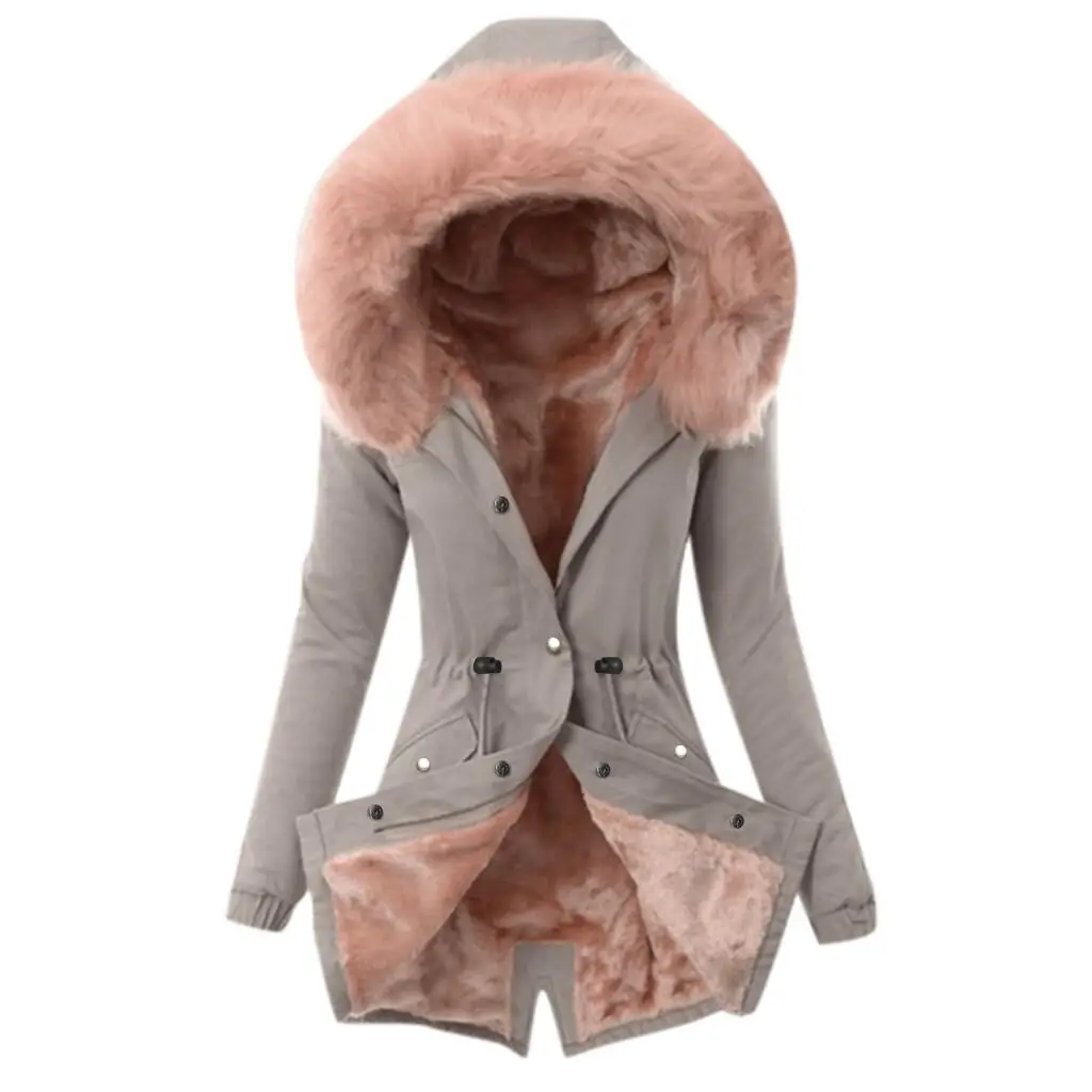 Winter New Women's Cotton-padded Clothes Fur Collar Solid Color Casual Warm Medium and Long Women's Cotton-padded Coat