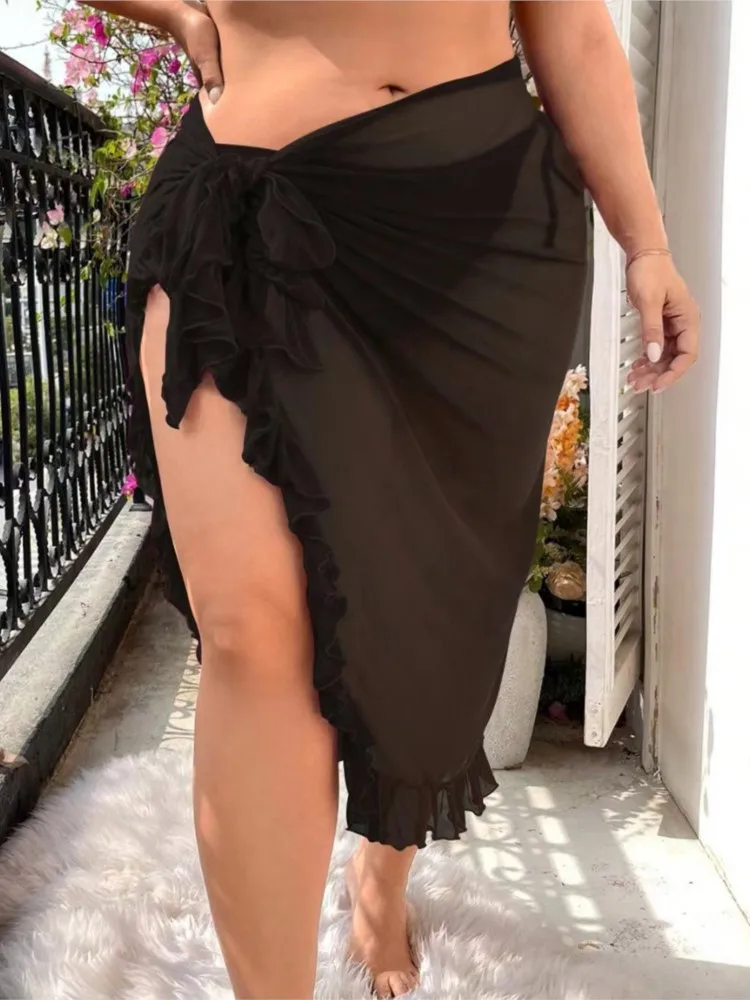 L-4XL Plus Size Women Short Sarongs Swimsuit Coverups Beach Bikini Wrap Sheer Short Skirt Chiffon Scarf Cover Ups For Swimwear