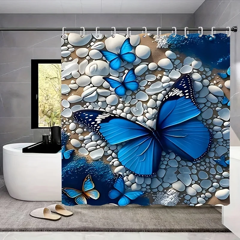 1/4pcs Blue Butterfly Stone Pattern Shower Set, Waterproof Bath Curtain With Hooks, U-shaped , Toilet Cover Mat, L-sh