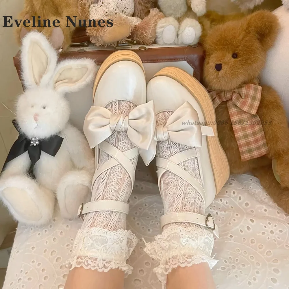 Bow Wooden Bottom Platform Sandals Round Toe Wedges Heart-Shaped Buckle Strap Women Shoes Satin Hollow Lolita Style Shoes Casual