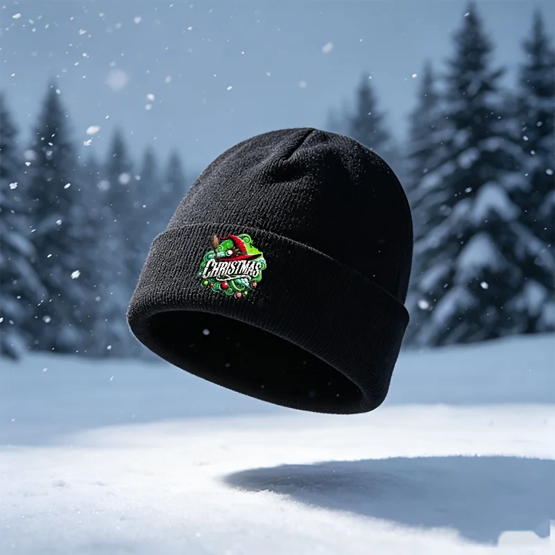 Christmas Graphic Print Cuffed Beanie, Soft Acrylic Blend Stretch Hat for Holiday Winter Casual Wear