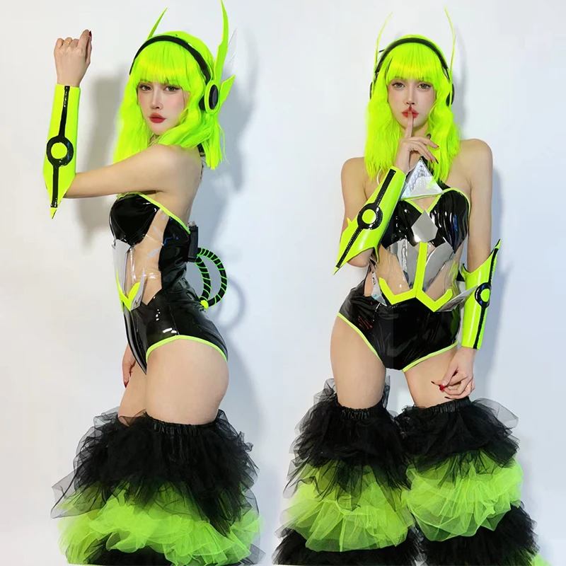 

New Fluorescence Color Technology Sense Gogo Dance Clothing Sexy Bodysuit Gauze Leg Cover Nightclub Bar Jazz Dance Costume Set