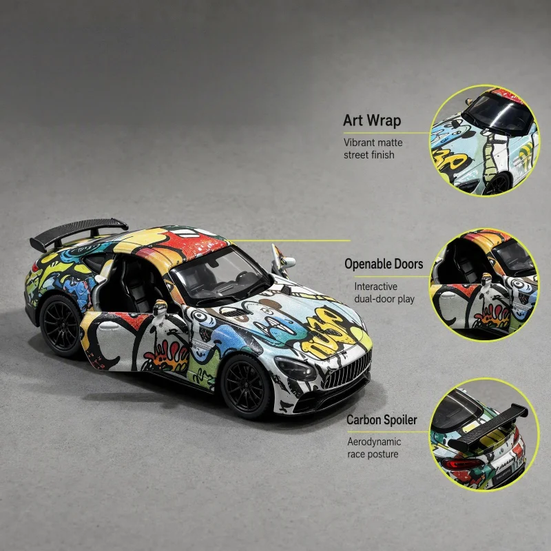 Street Graffiti Style Coupe Diecast Model Car, Alloy Static Collectible Ornament with Openable Doors & Rear Wing