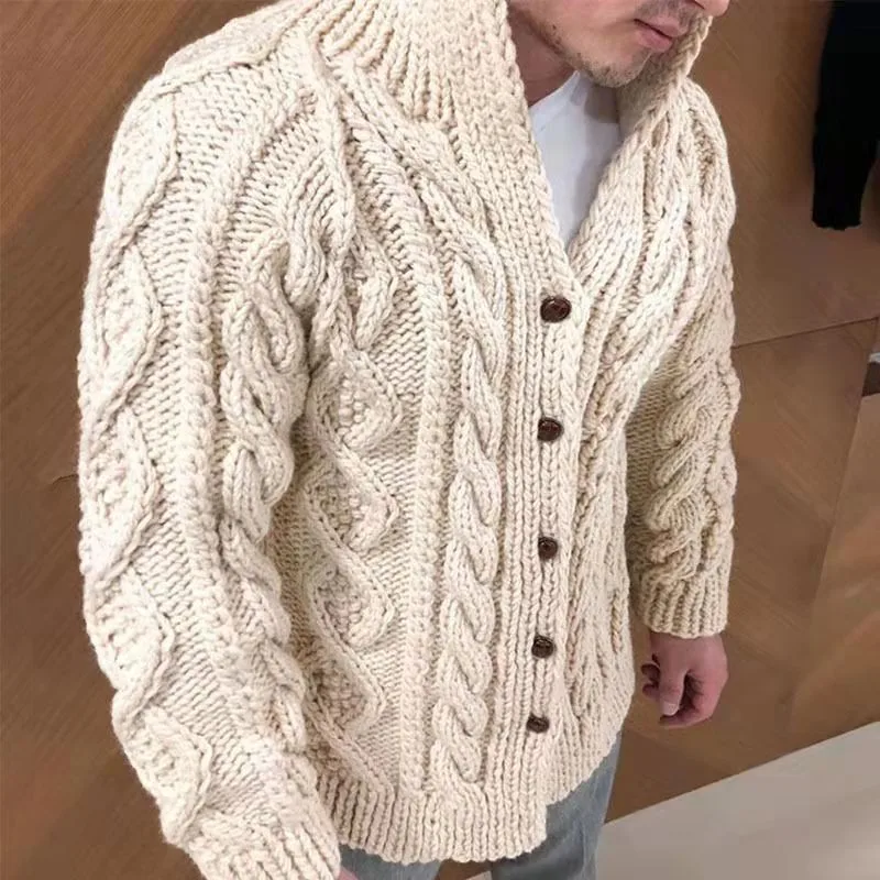 Herren Stehkragen Zopfmuster Strickjacke Dicker Knopfverschluss Pullover Jacke Vintage Langarm Warme Lässige Winter Strickoberbekleidung Mantel – Detail 4