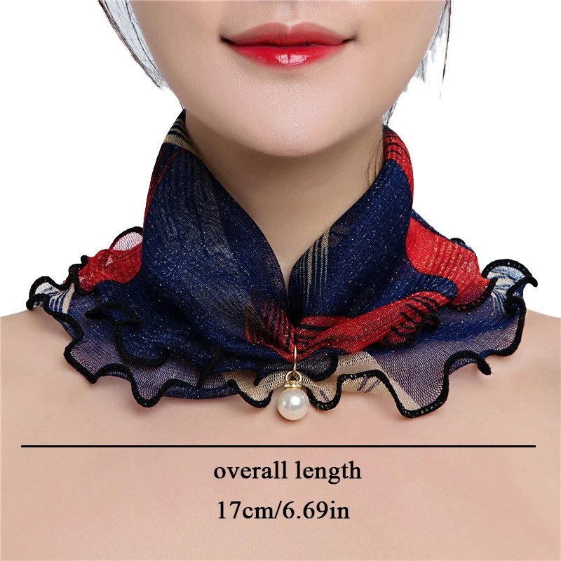 Women Lace Beaded Scarf Ruffle Pearl Pendant Chiffon Scarves Summer Thin Anti-UV Scarf Women Driving Riding Neck Collar