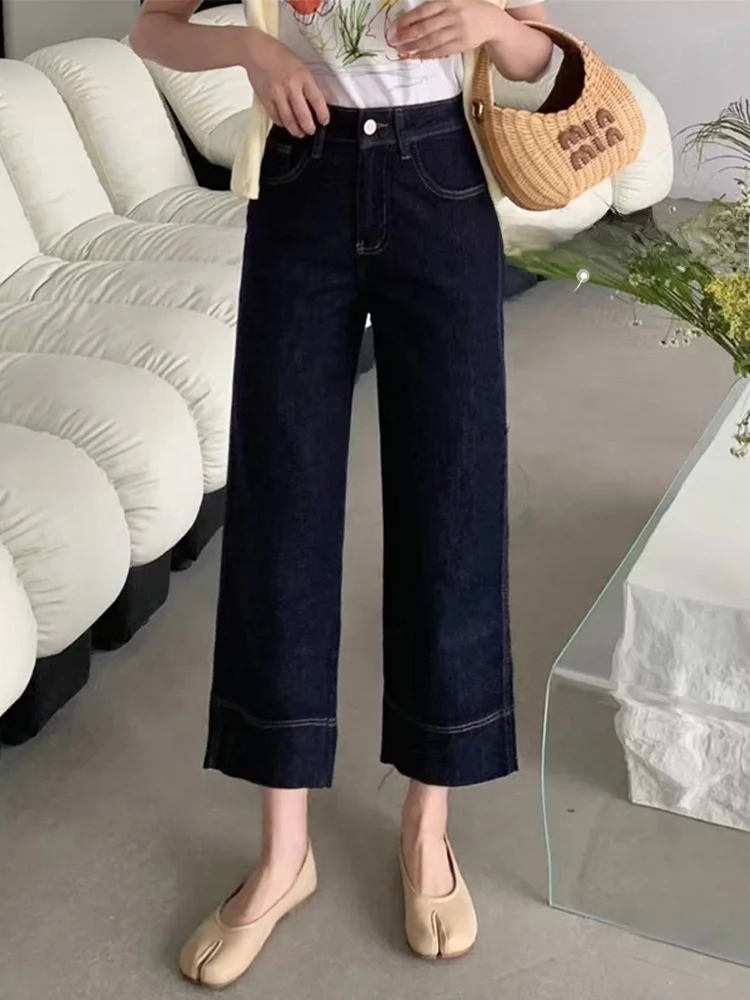 

Deep Blue Slim Fit High Waist Straight Leg Jeans Women's Summer Thin Cotton Stretch Denim High Rise Ankle Length Trousers
