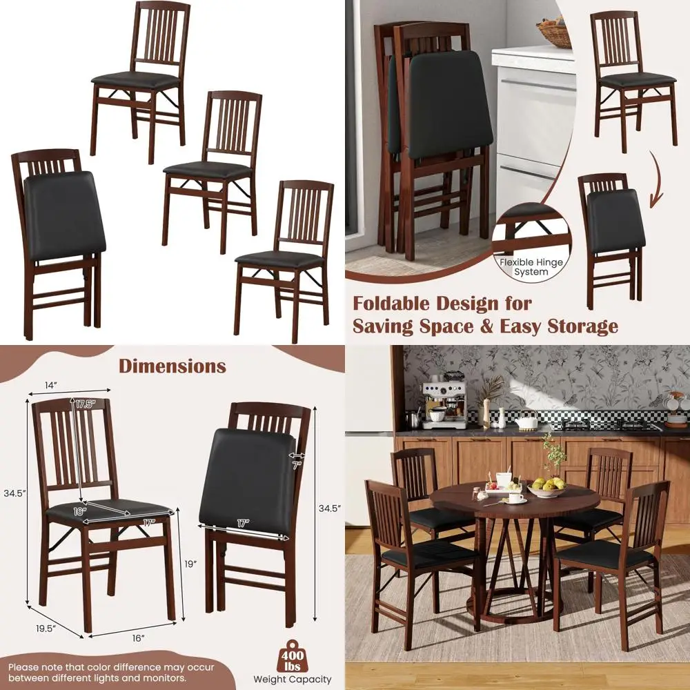 طقم كراسي طعام قابلة للطي من الخشب الصلب مكون من 4 قطع، مقاعد مبطنة، أقصى حمولة 400 رطلاً، كراسي مطبخ متينة