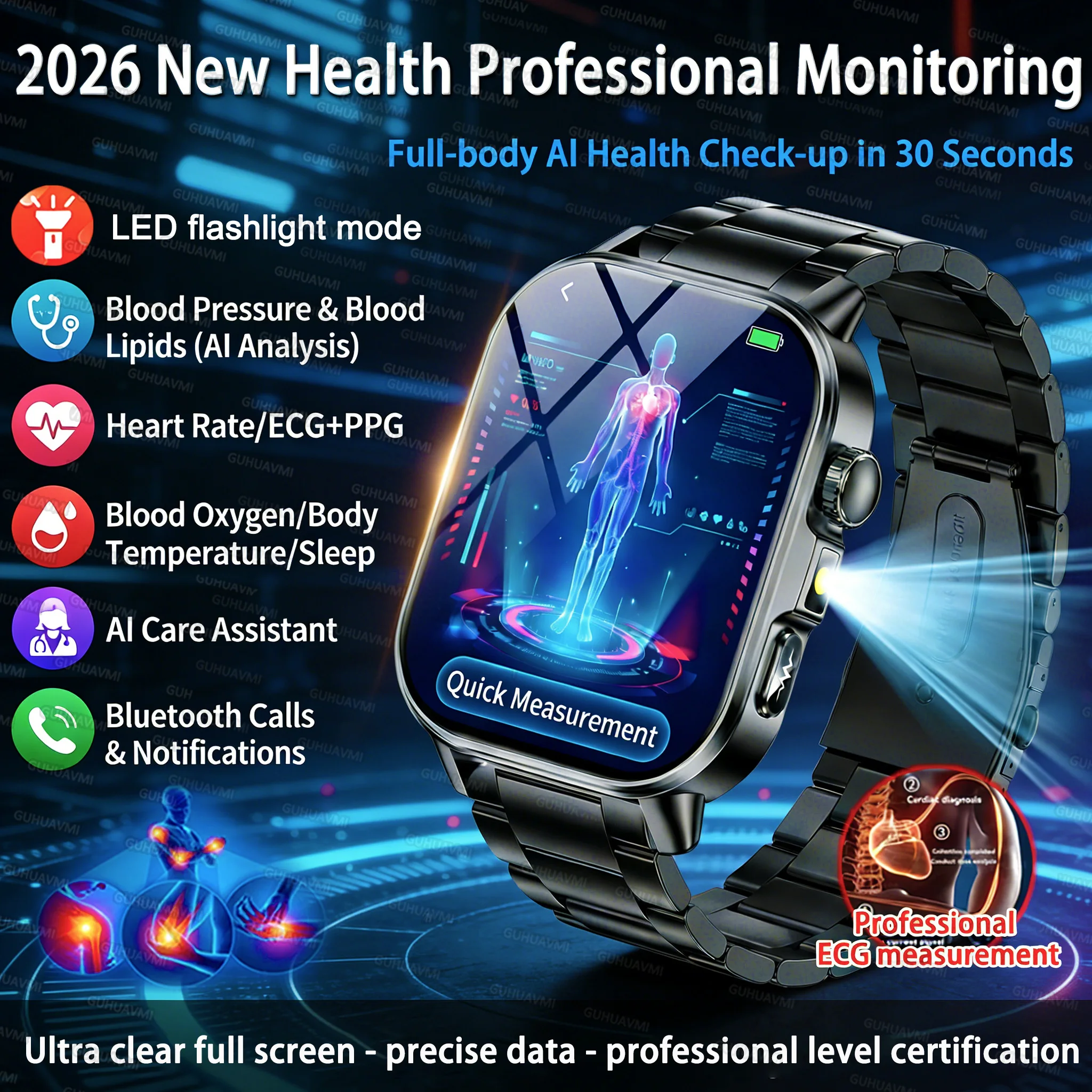 2026 New Healthy Diagnose  ECG+PPG Smart Watch Men Body analysis Blood Pressure Lipid Uric Acid Men Health Tracker SmartBracelet