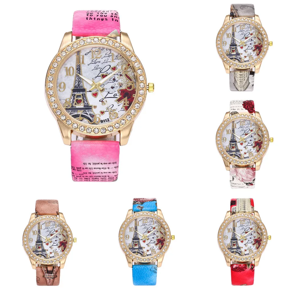 Vintage Paris Tower Women Fashion Watch Crystal Leather Quartz Wristwatch