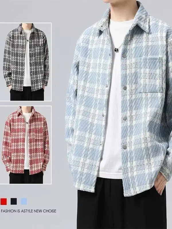 

Casual Plaid Men's Jaet Outerwear Spring Autumn Loose Fit Faion Ci Sle Polyester Fiber Long Sve Button up irt