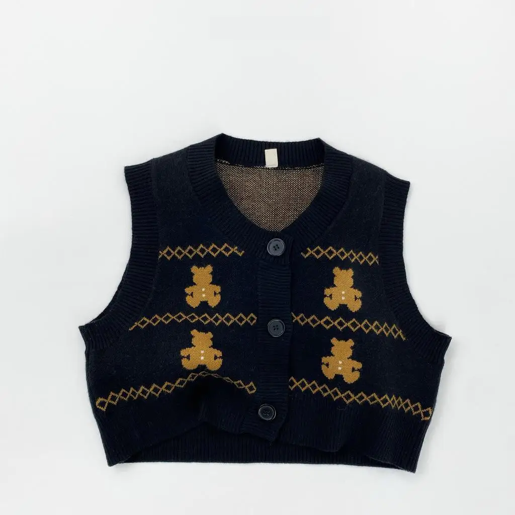 2025 Autumn New Children Sleeveless Knitted Vest Cotton Boys Girls Cute Bear V-neck Sweater Cardigan Kids Casual Knitwear