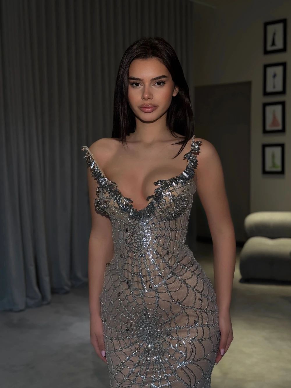 Luxury Silver Rhinestone Spaghetti Straps Evening Dress Nude Sheer Mesh Sequined Beaded Corset Mermaid Prom Gown For Red Carpet view 2