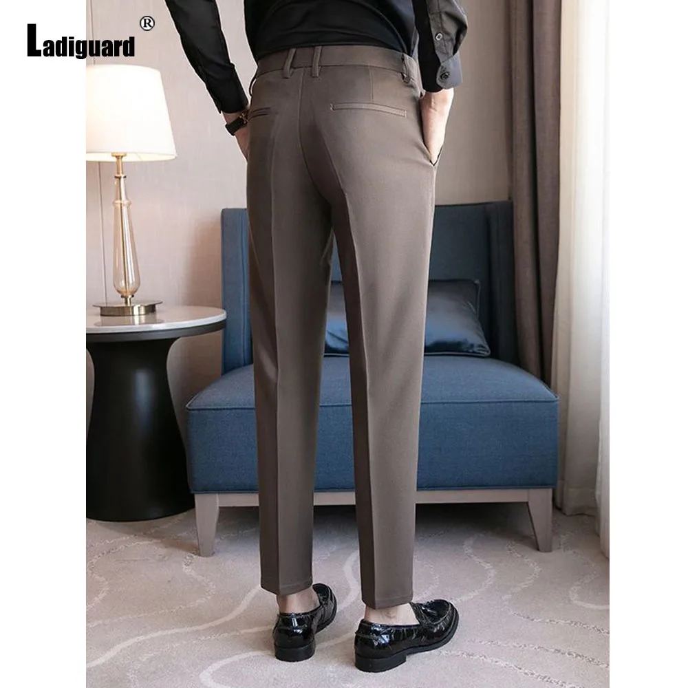 Europe Style Buckle Up Suits Pants Coffee Soft Ankle-Length Trouser Mens Elegant Stand Pocket Suit Formal Party Wedding Pants