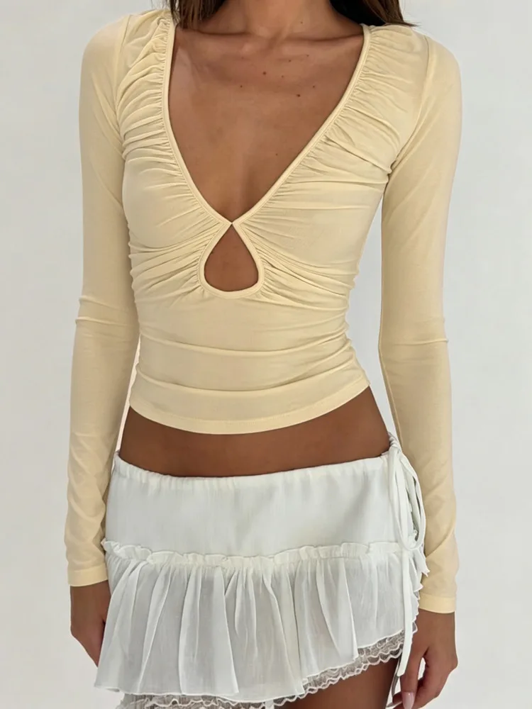 Absobe Solid Color Hollow Out Ruched Crop Tops V Neck Long Sleeve Slim Fit Fashion Pullover T-shirts Women Casual Daily Outfit