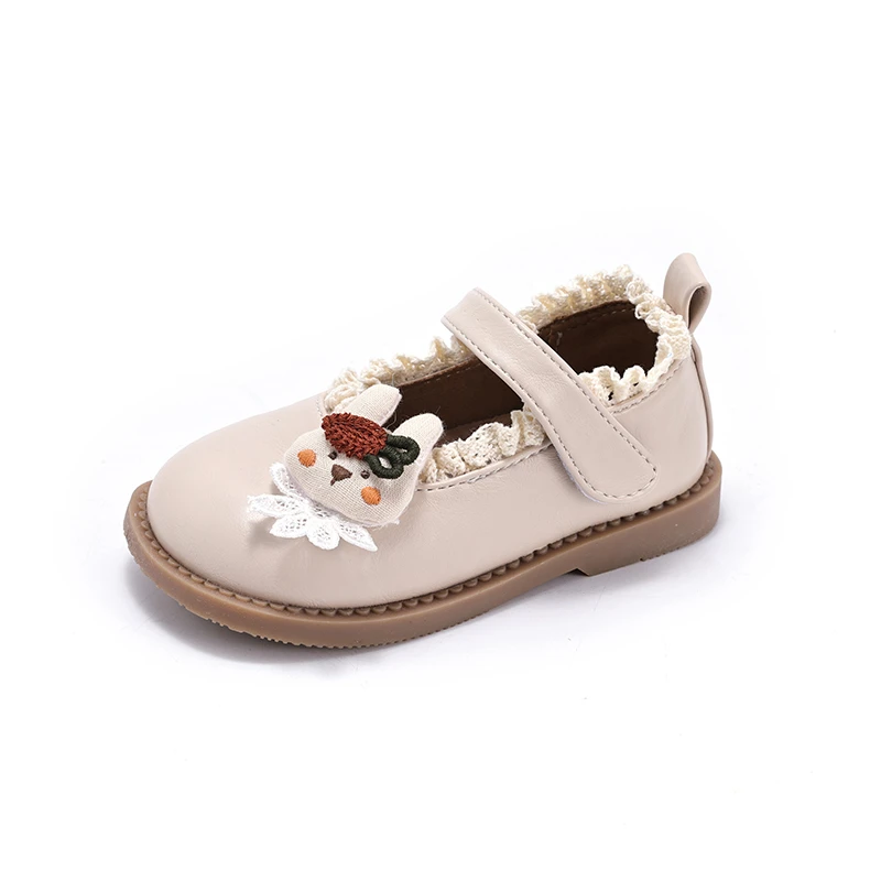 Girls Cute 3D Bunny Lace Flower Mary Jane Dress Shoes, Ruffled Lace Trim Hook‑and‑Loop Soft Flat Toddler Princess Casual Shoes