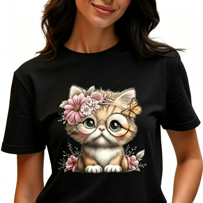 Women's Cute Cat T-shirt, Floral Butterfly Graphic Tee, Black and White Options