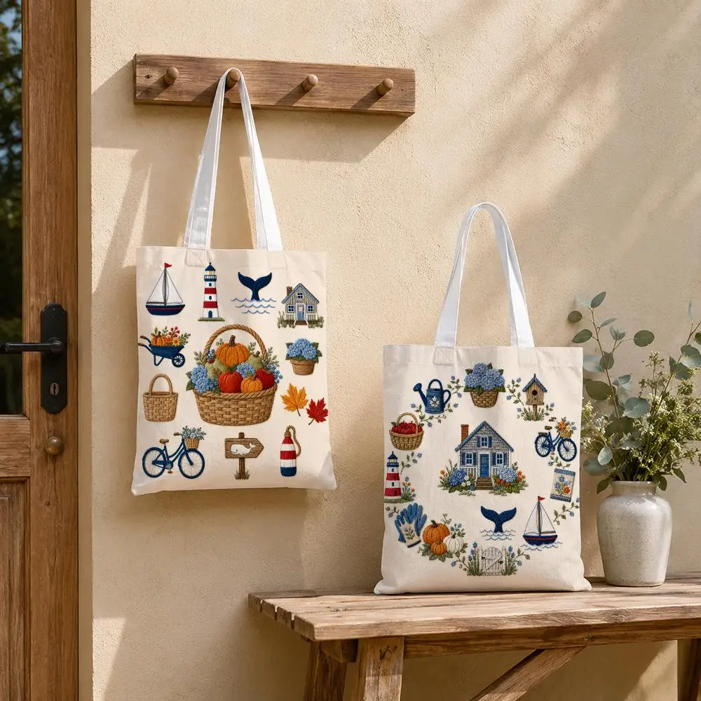 Coastal Autumn Harvest Embroidery Storage Bags Tote Bag Reusable Shoulder Shopping Foldable For School Work Travel Daily Use