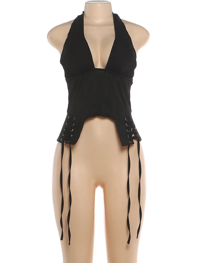 Sisterlinda Trend Damen Cross-Bandage Tanktop mit Dekoration, Neckholder, tiefem Ausschnitt, rückenfrei, unregelmäßige Form, sexy Sommer-Mode-Westen – Detail 3