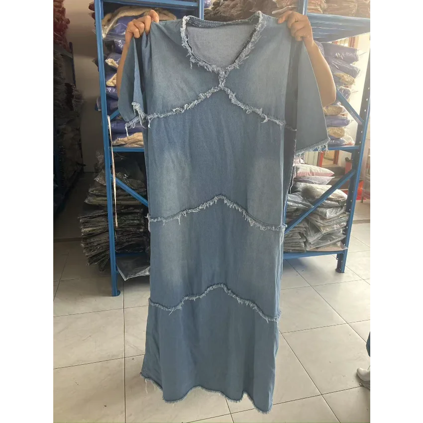 Jeans Long Dress Women V Neck Short Sleeve Summer Boho Long Denim Dresses Womens
