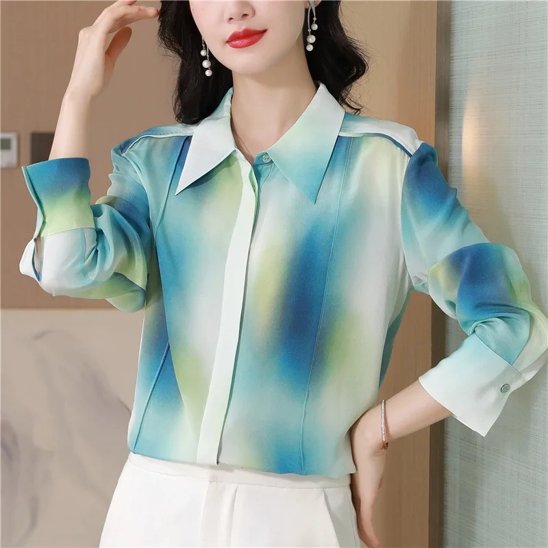 Print Women's Blouses Korean Shirts Patchwork Slim Fit Spring/Summer Vintage Clothing Satin Long Sleeve Women Tops