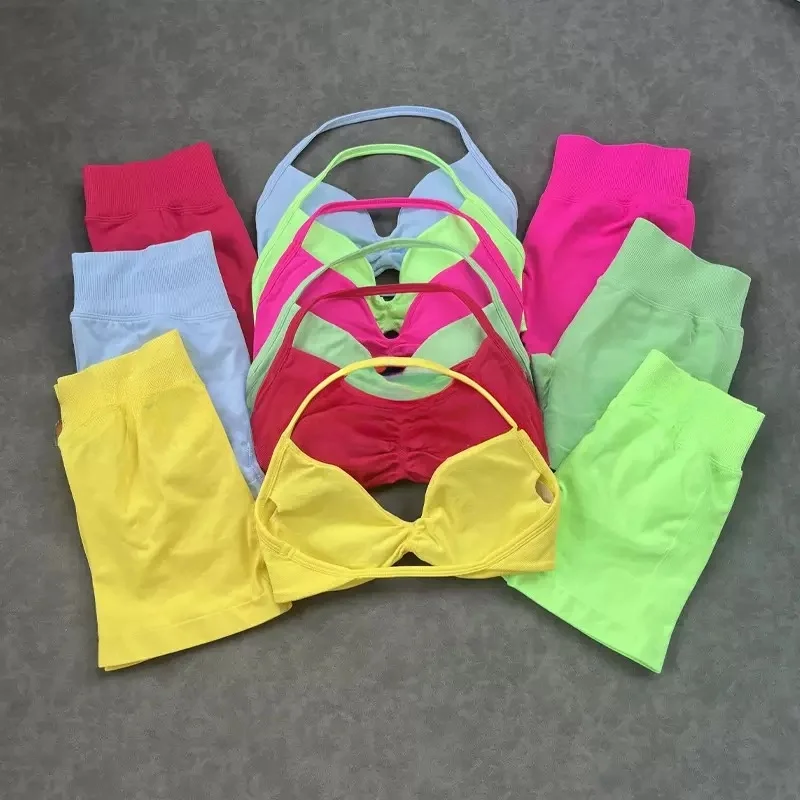 

2PCS Yoga Fitness Suit Women's Seamless Lace-Up Yoga Bra Top High Waist Workout Scratch Shorts Sports Suit Fitness Suit