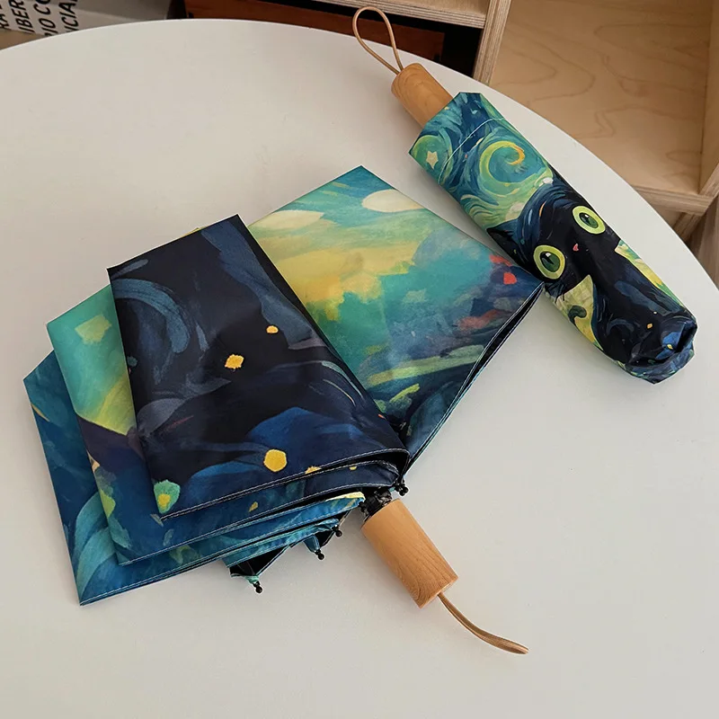 Summer Green Starry Sky Cartoon Cat Automatic Sunshade Folding Portable Umbrella Sunscreen Uv Protection Exquisite Trendy Gift - view 5