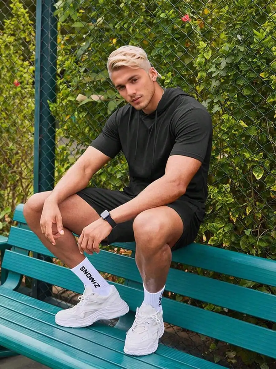 

Mens Two-Piece Hooded Sportswear Set: Short Sleeve Athletic Hoodie And Matching Shorts