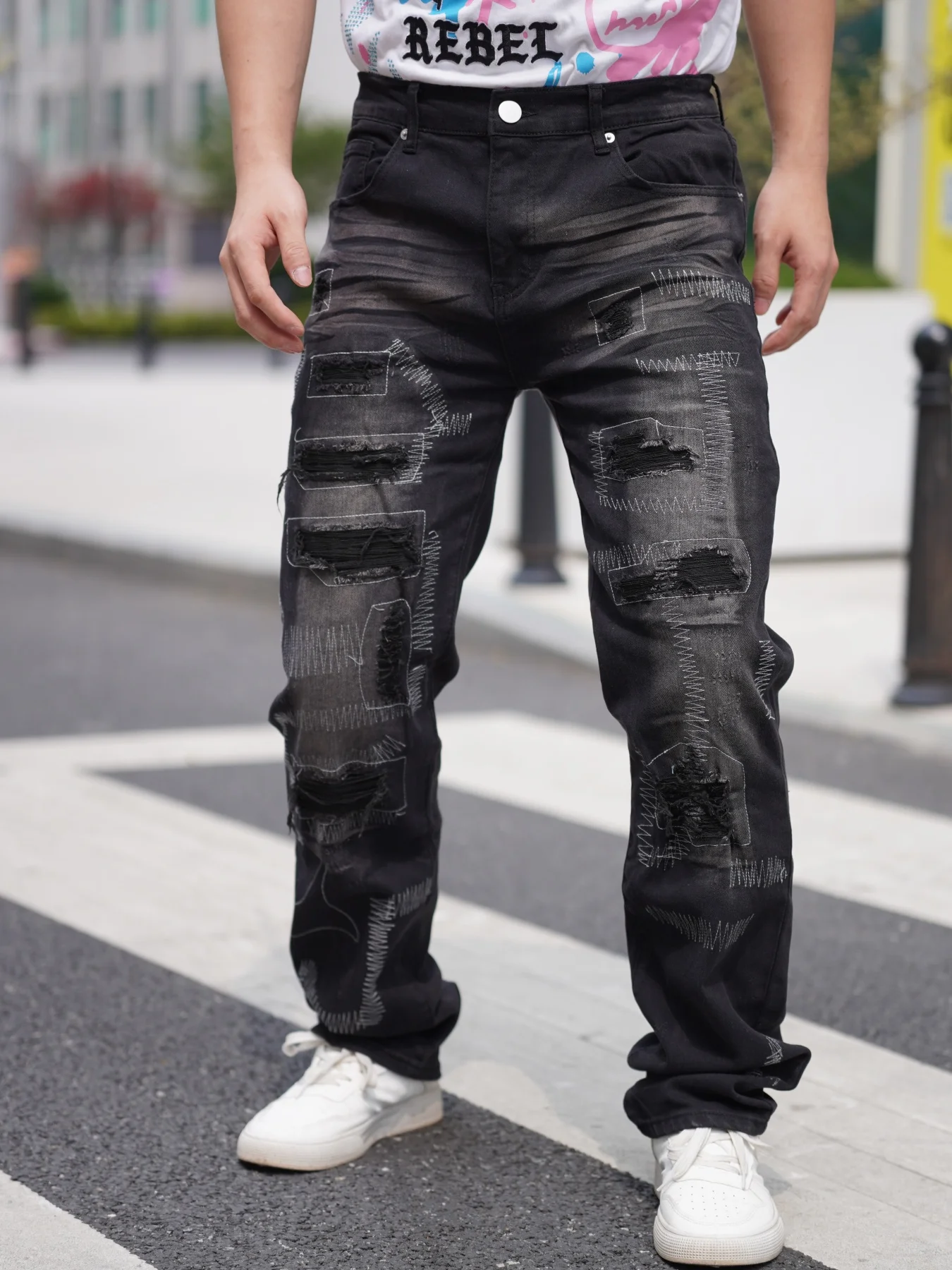 

Men's Trendy Cropped Patchwork Denim Pants Fashion High Street Style Washed and Antique Grey Black Free Shipping