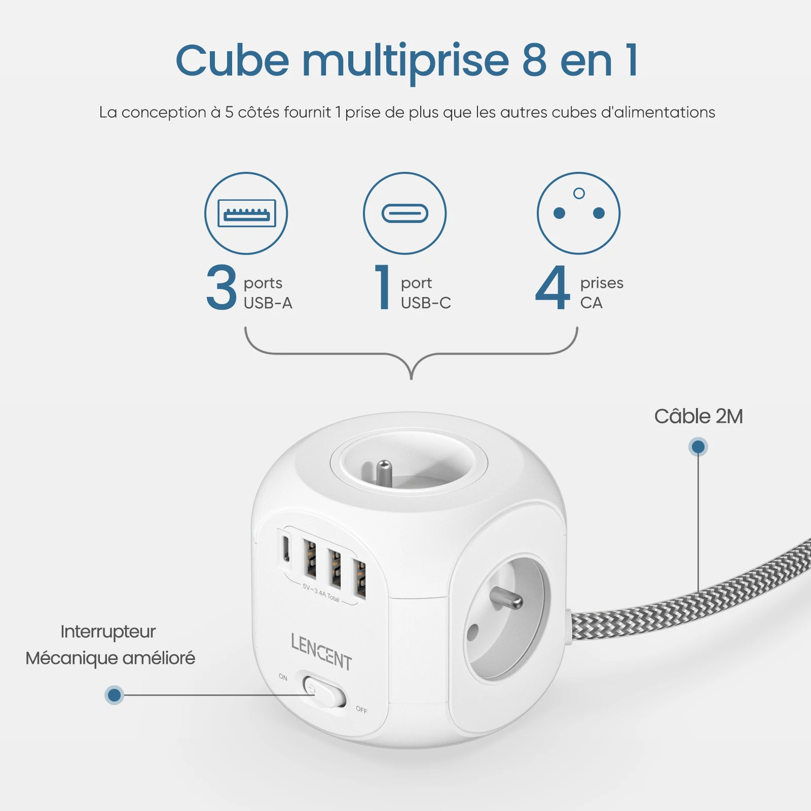 Imagem -02 - Lencent fr Power Strip Cube Adaptador de Energia com Interruptor para Casa Entradas ac Portas Usb tipo c Cabo Trançado de 3m Soquete Múltiplo