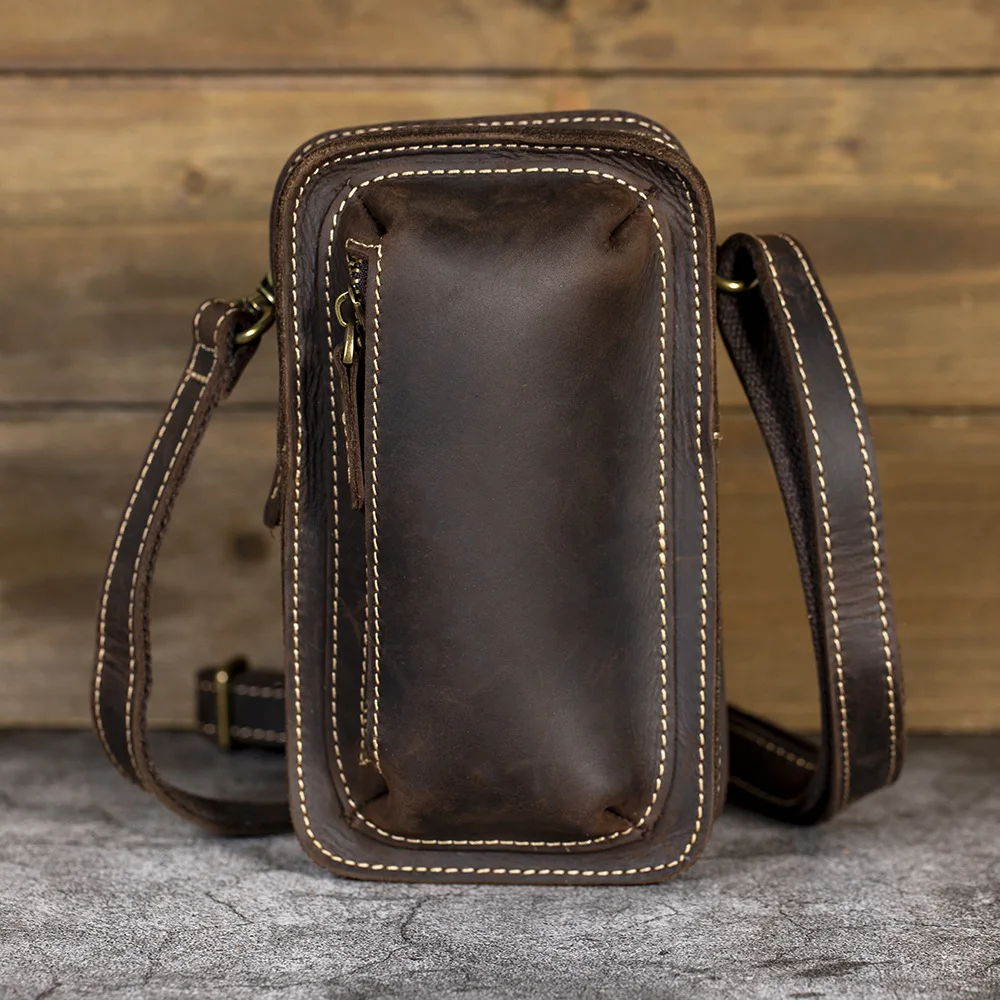 Crazy horse leather men's crossbody waist bag, vertical cowhide genuine leather men's retro and unique waistband bag